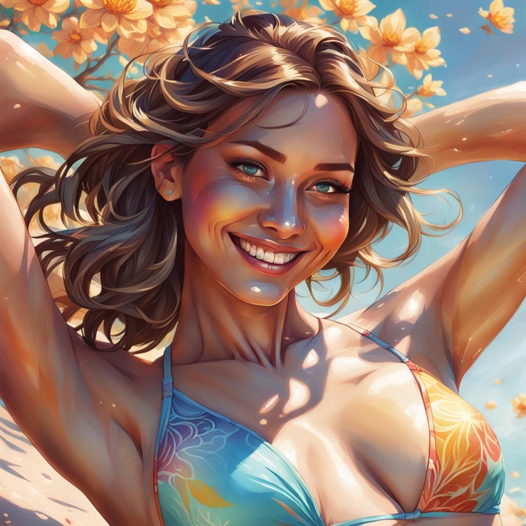 Smiling Woman in Bikini, Hyperdetailed Digital Art