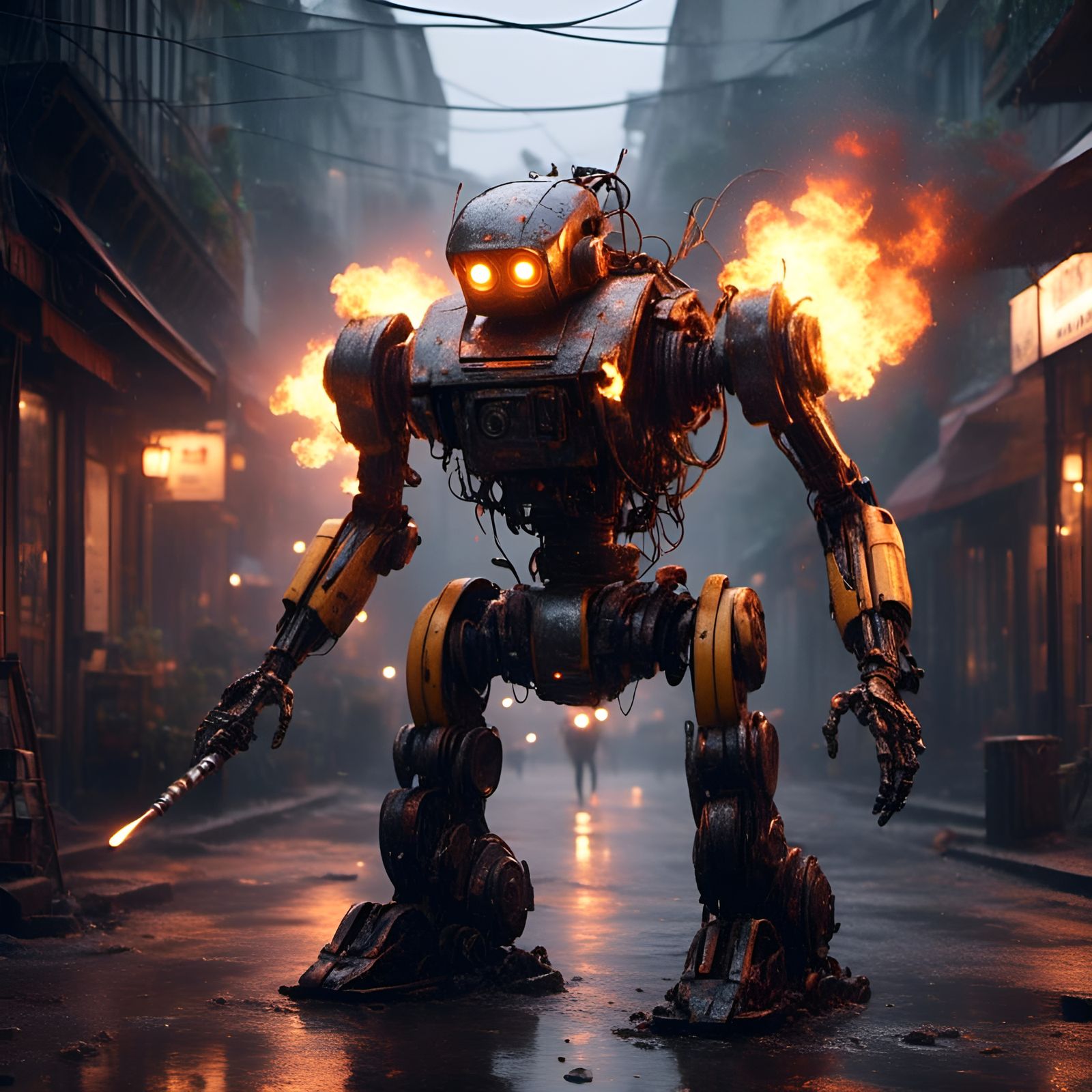 Animated Robot Wielding a Flamethrower
