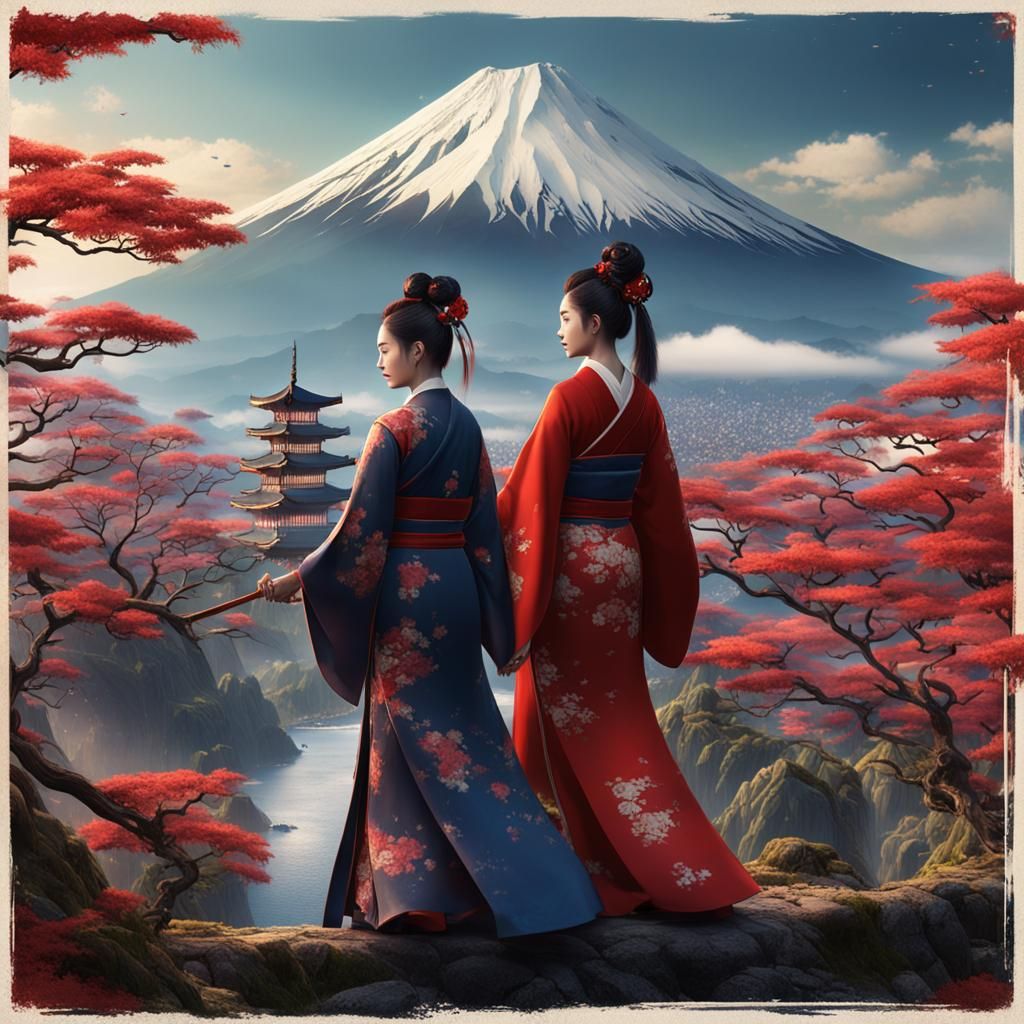Two Japanese Women with Mount Fuji Backdrop