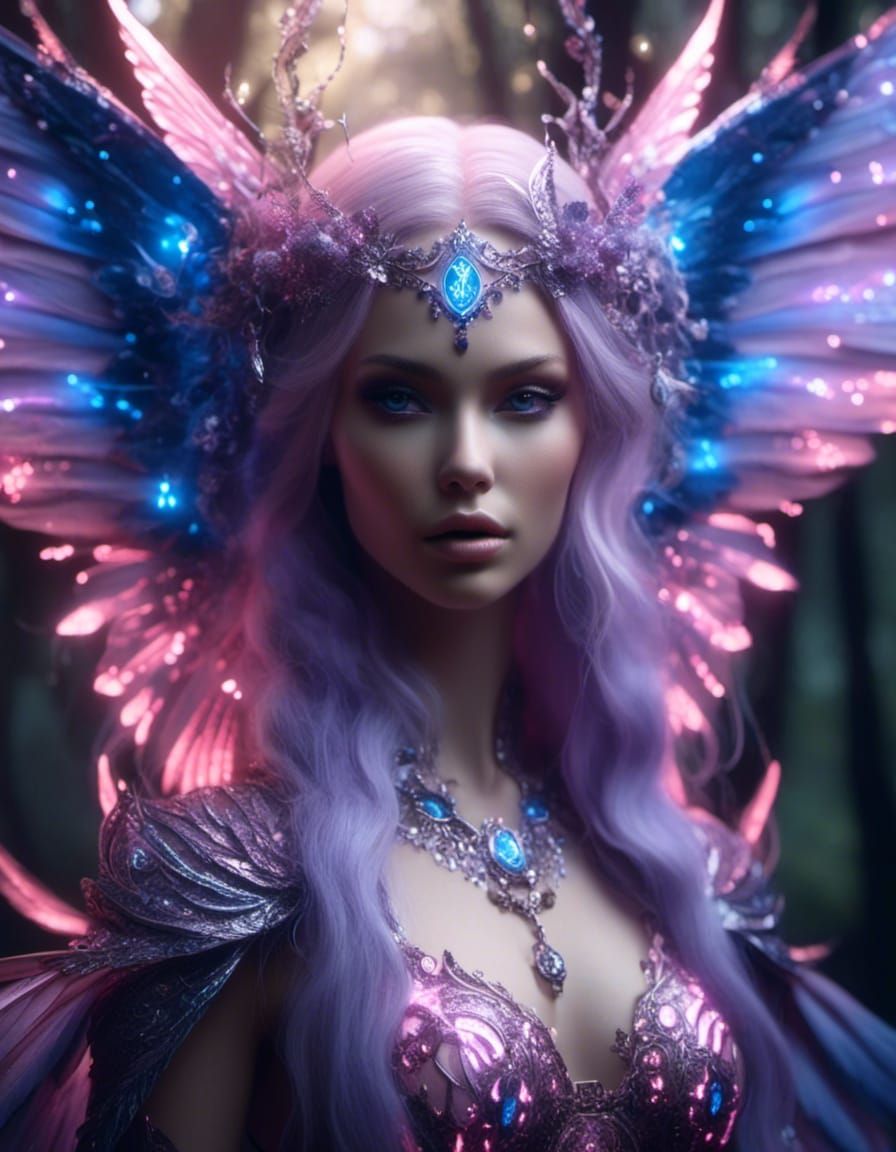 Female winged fairy mage. Pink, blue, lavenderand silver. In forest. <lora:Glowing runes dark:1.0> 8K resolution
