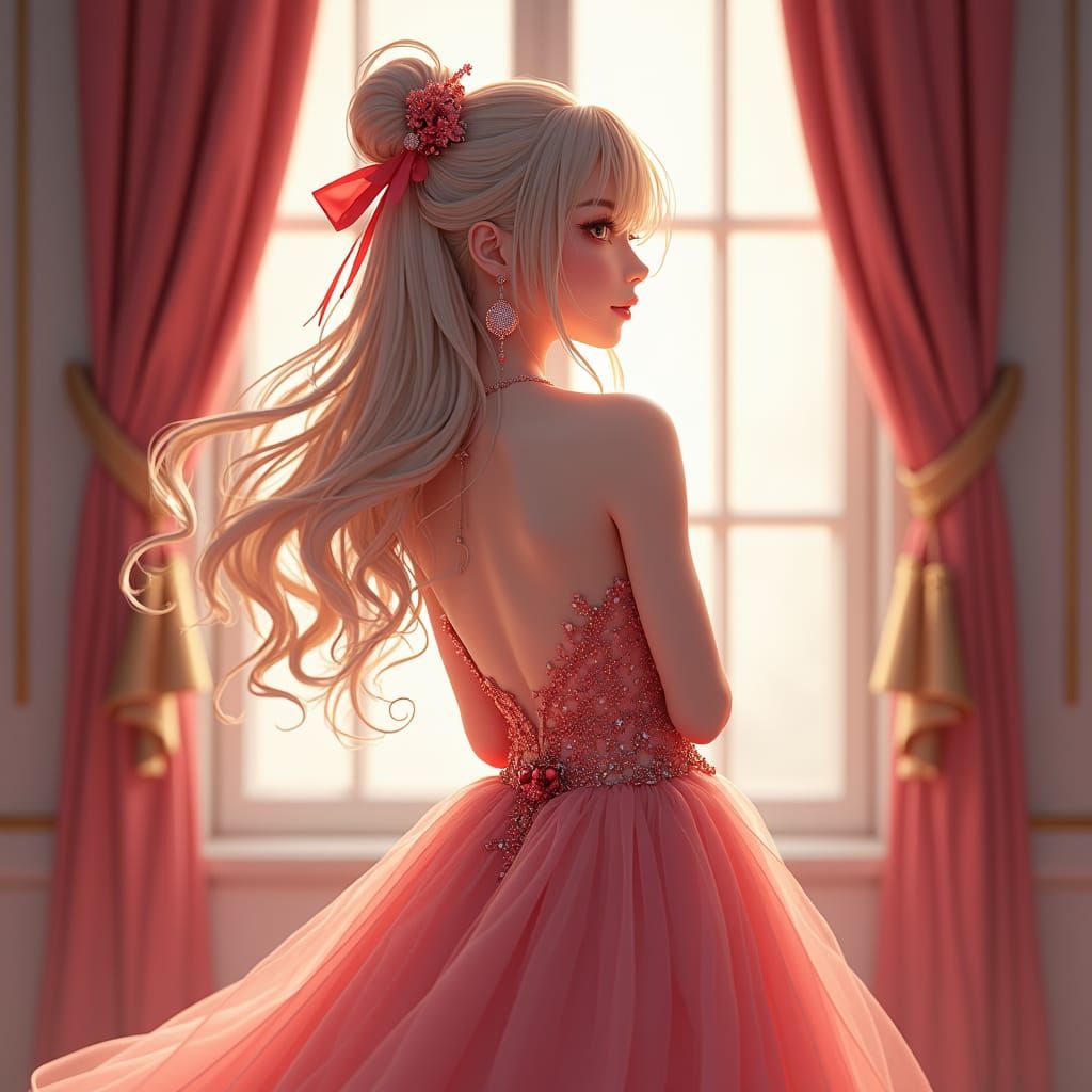Beautiful Anime Girl in Prom Dress, 3D Art