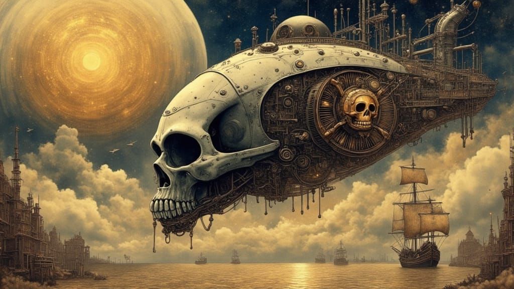 Steampunk Pirate Ship Soars Through Vibrant Sky