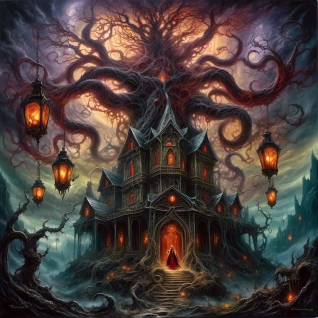 Eerie Cultists Gather at Rundown Mansion in Dark Fantasy Oil...