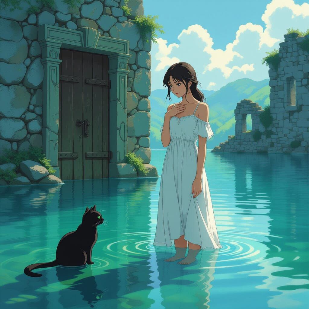 Woman and Cat at Floating Door in Ethereal Lake