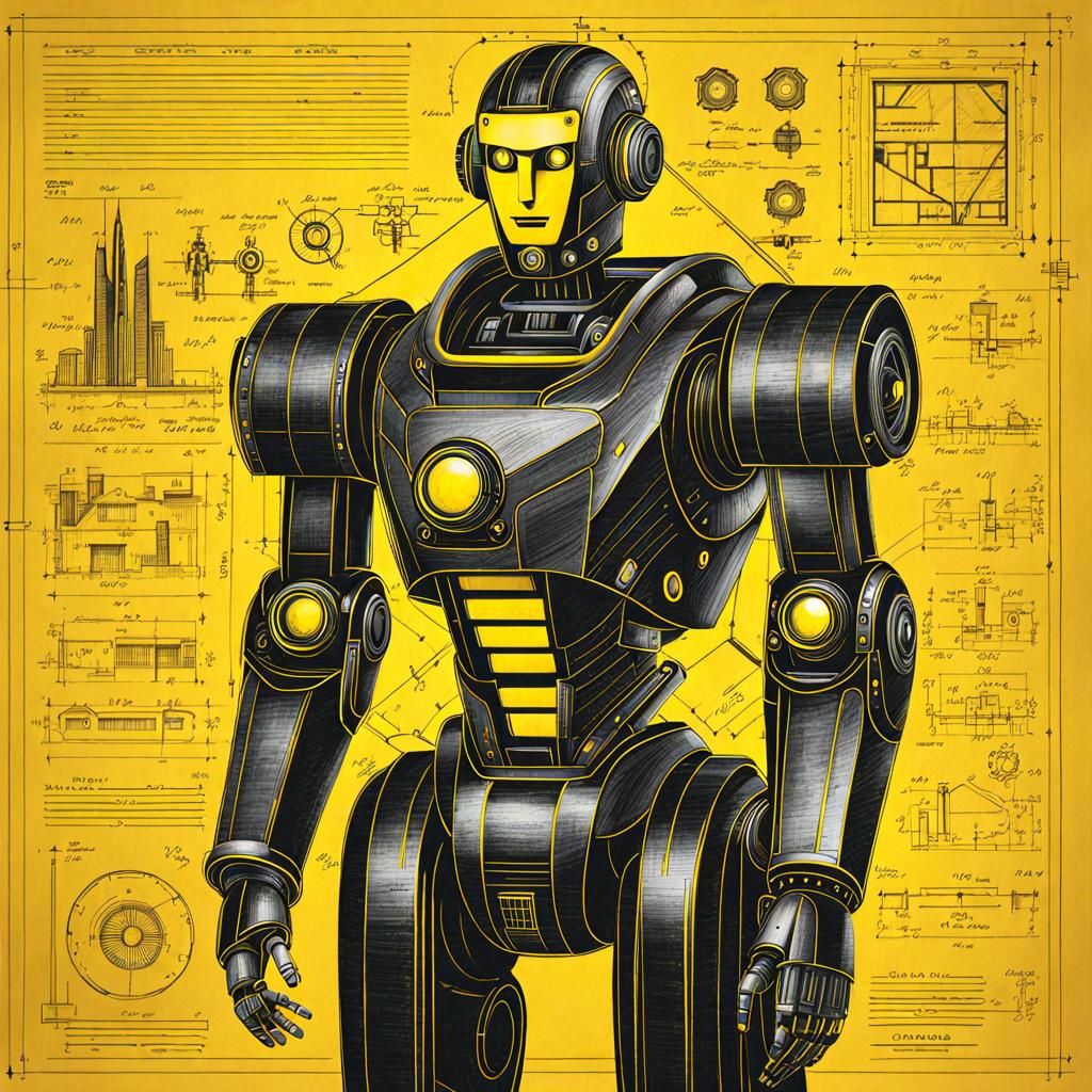 Robotic Man Blueprint in Synthwave Neon Retro Style