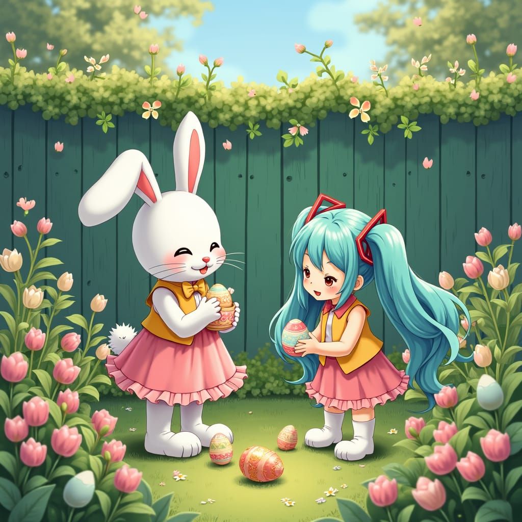 Whimsical Easter Garden Scene in Pastel Hues