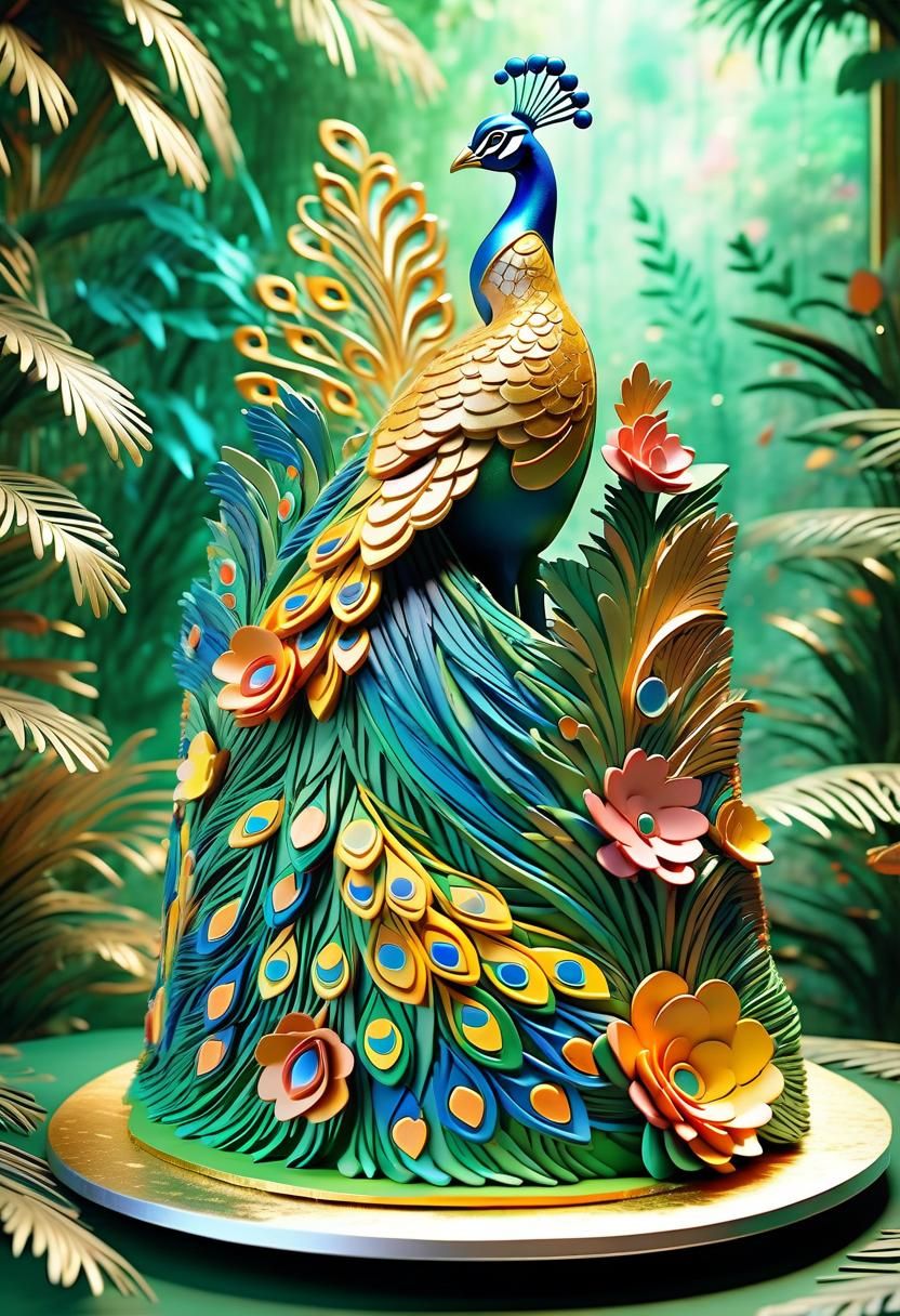 Exotic Peacock Cake with Flora and Fauna