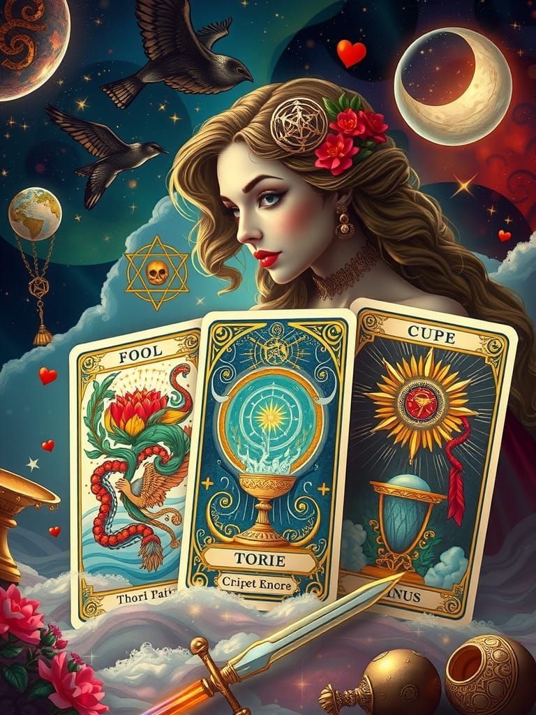 Intricately designed, ornate, mystical tarot cards, mid shot...