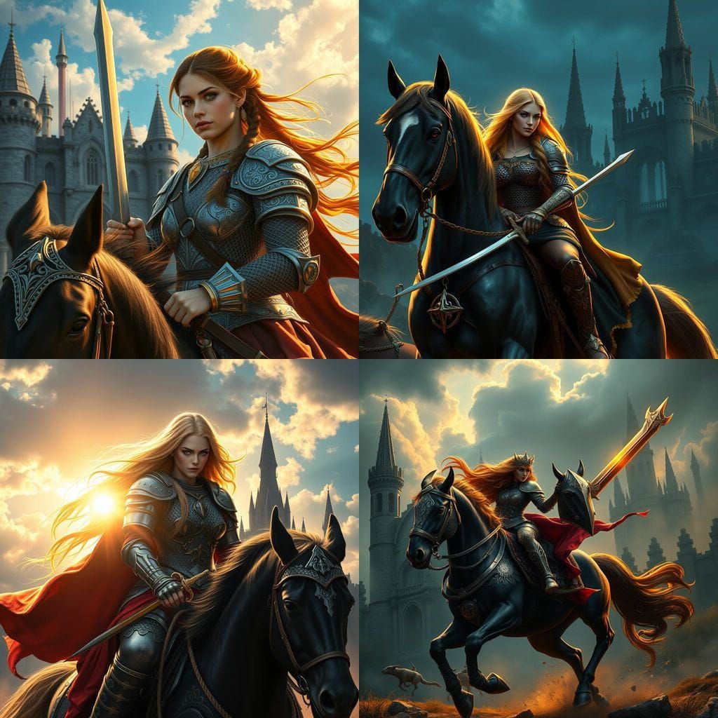 Epic Fantasy Princess Rides into Battle on Majestic Black St...