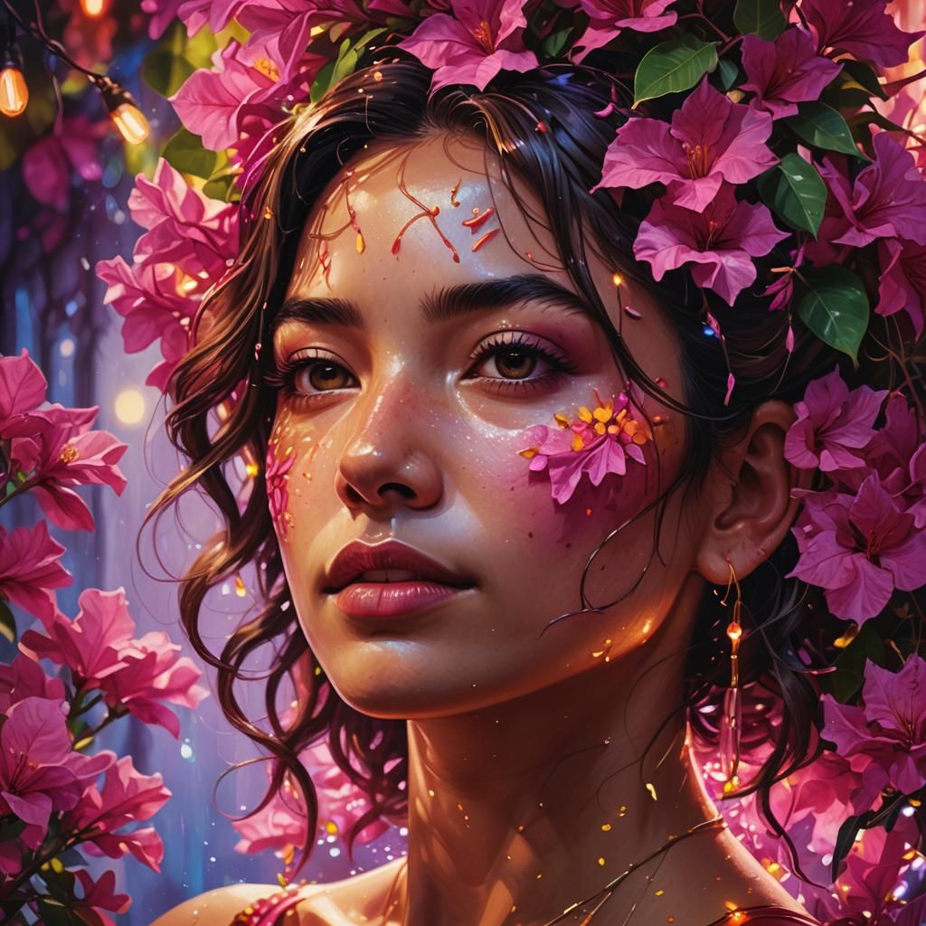 Woman with Bougainvillea in Fluorescent Light