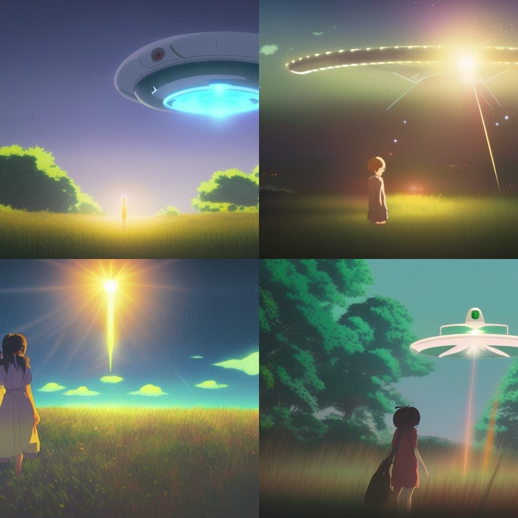 UFO Encounters Girl in Field: Ghibli Anime Style