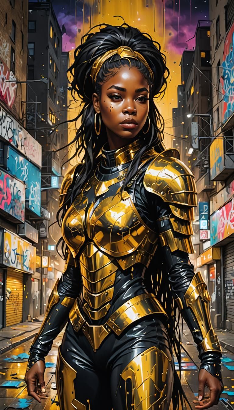 Black Woman in Golden Armor: Graffiti Art