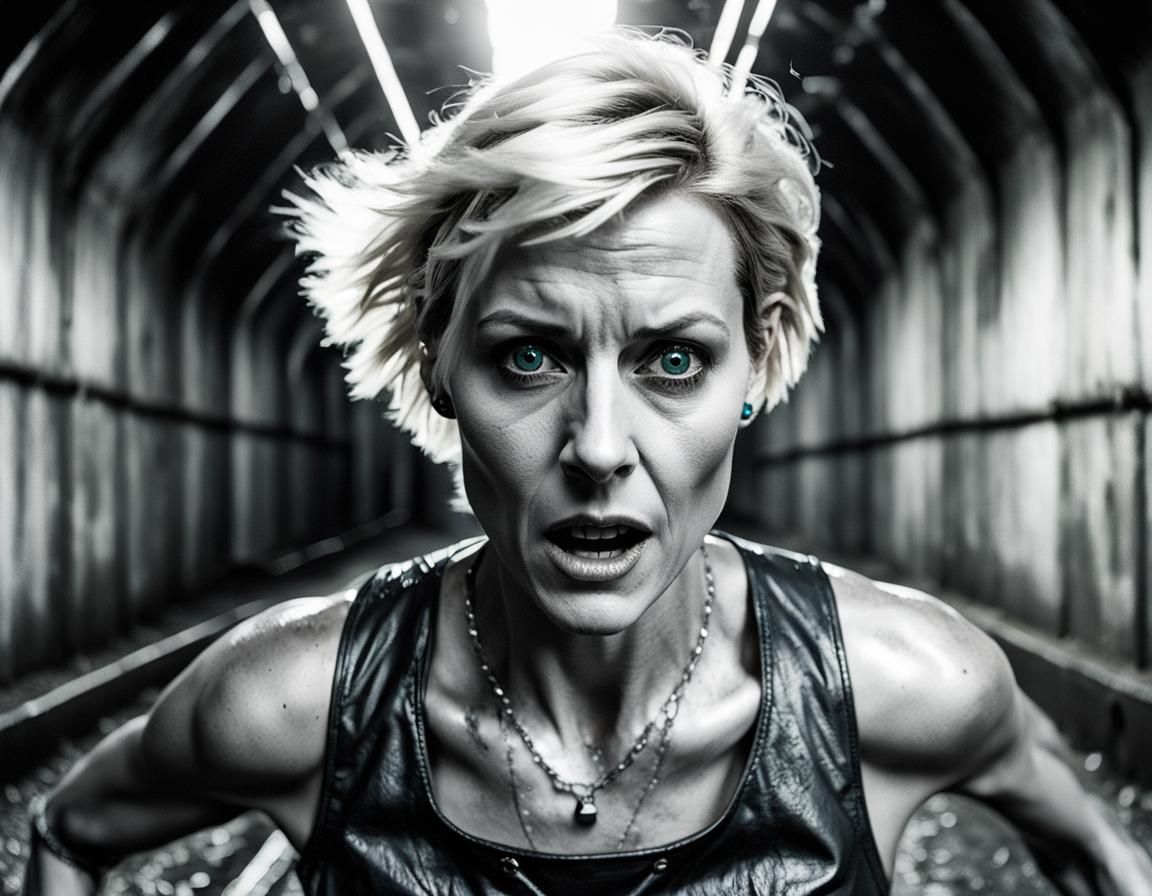 Terrified Woman Escaping Tunnel: Hyper-Realistic Film Still