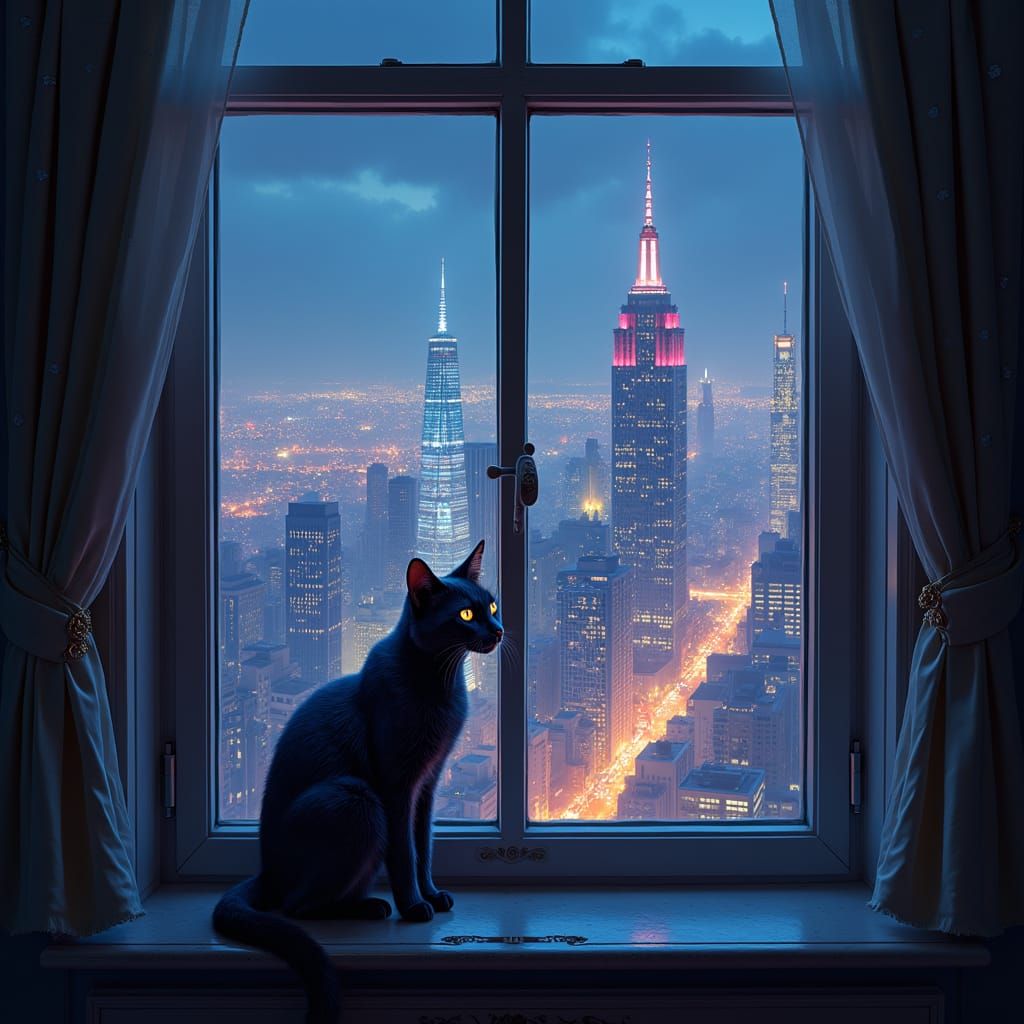 Cat Contemplates City Lights in Matte Painting Style