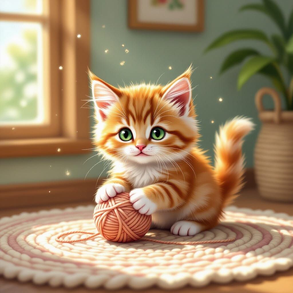 Fluffy Ginger Kitten Playing with Yarn in Sunlight