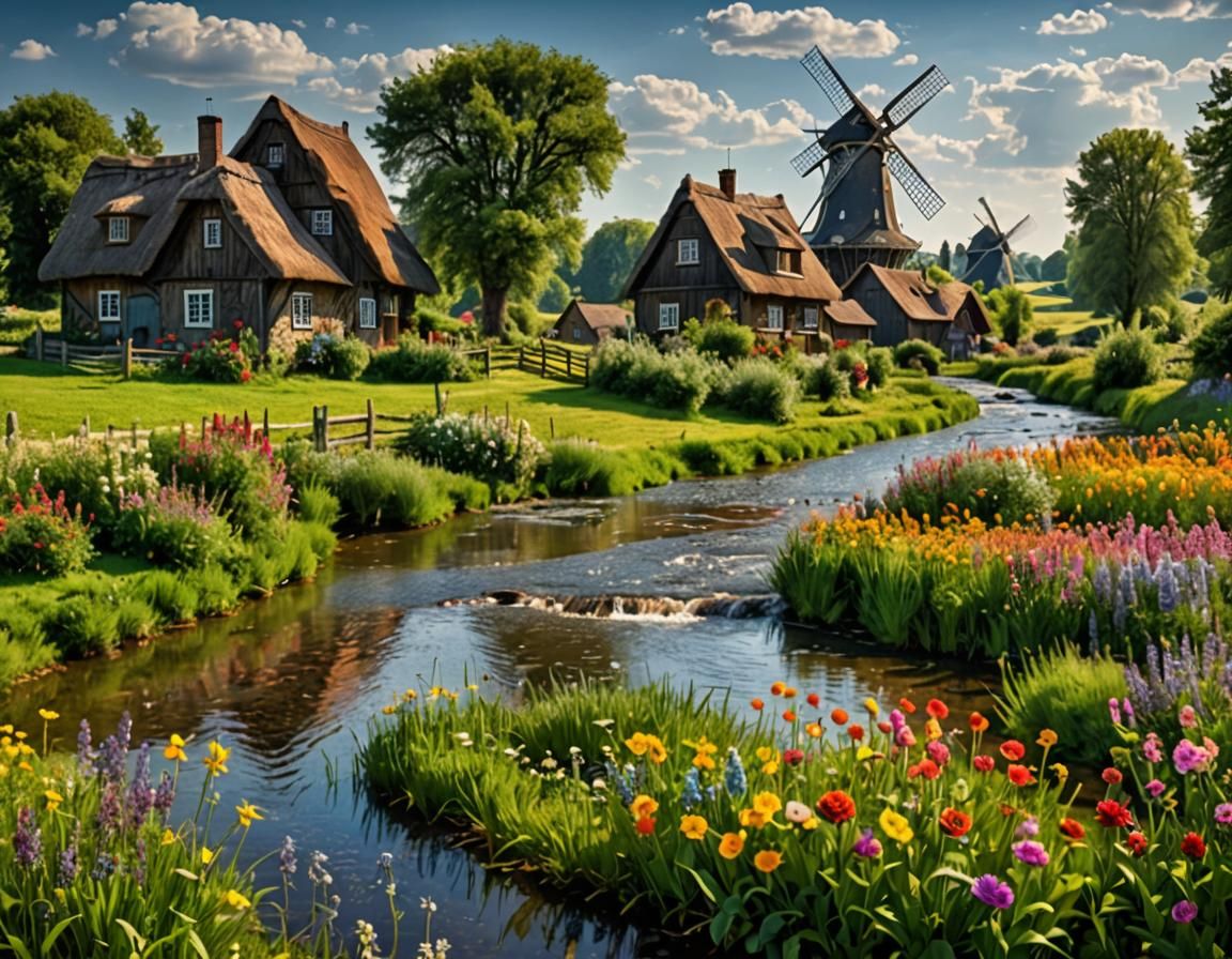 Utopian Village Landscape with Blossoming Meadows