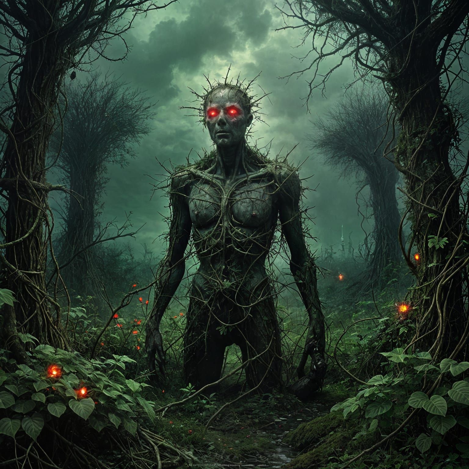 Overgrown Creepy Garden with Glowing Eyes