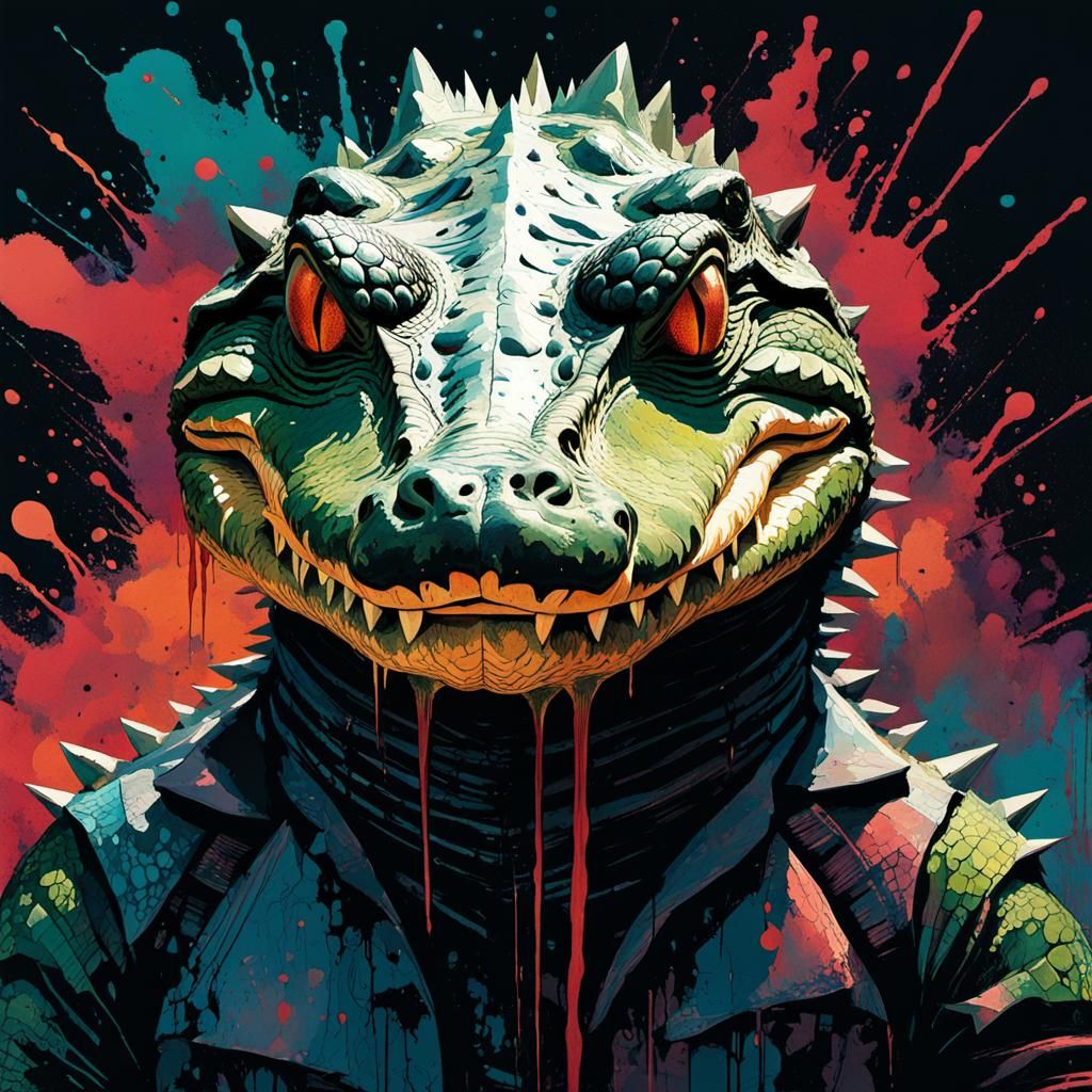 Molten Crocodile Drenched in Vibrant Digital Splatters
