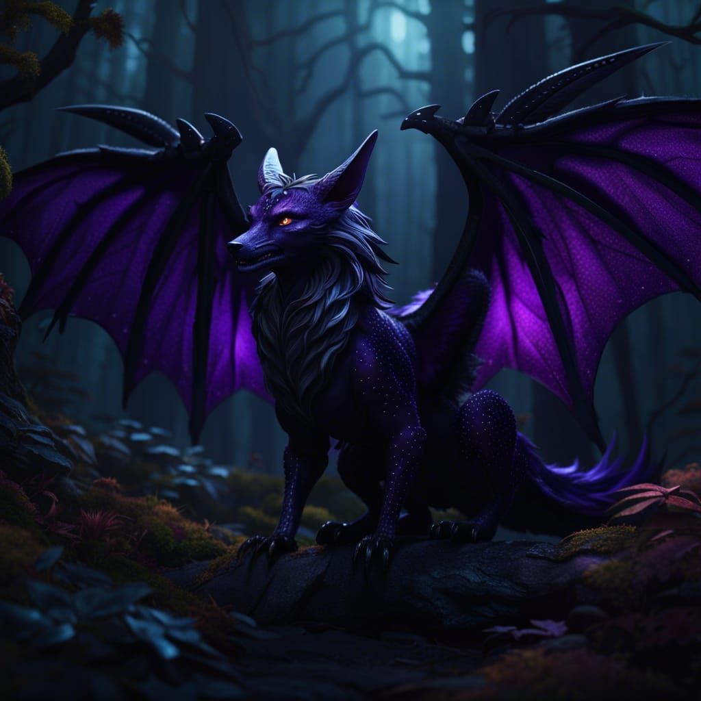 Fox Dragon Hybrid in Dark Forest, Fantasy Concept Art