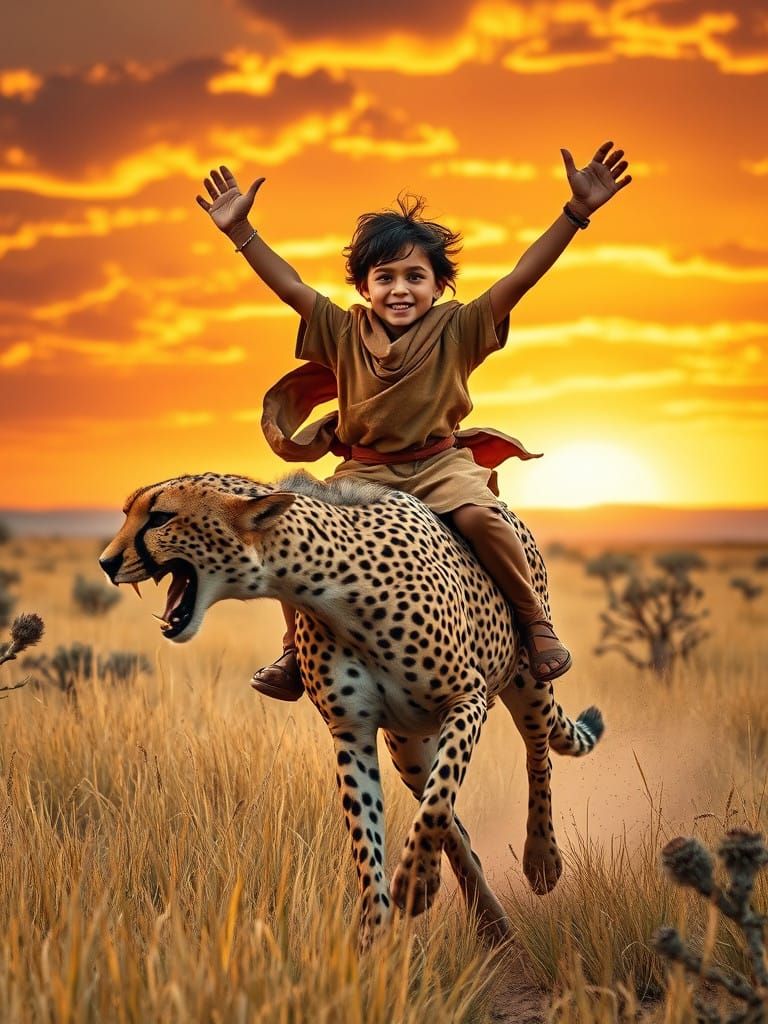 Boy Rides Cheetah Through Golden Desert Landscape in Vibrant...