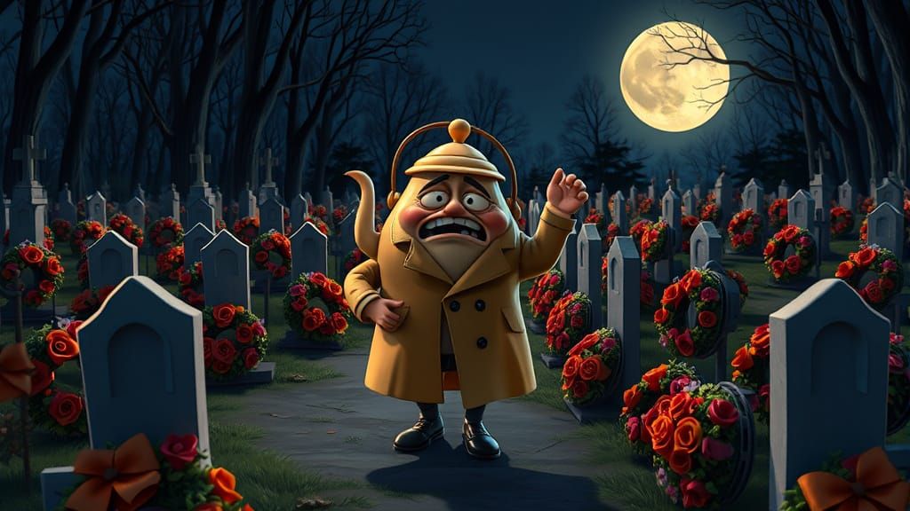 Terrified Teapot in Trench Coat Navigates Spooky Cemetery
