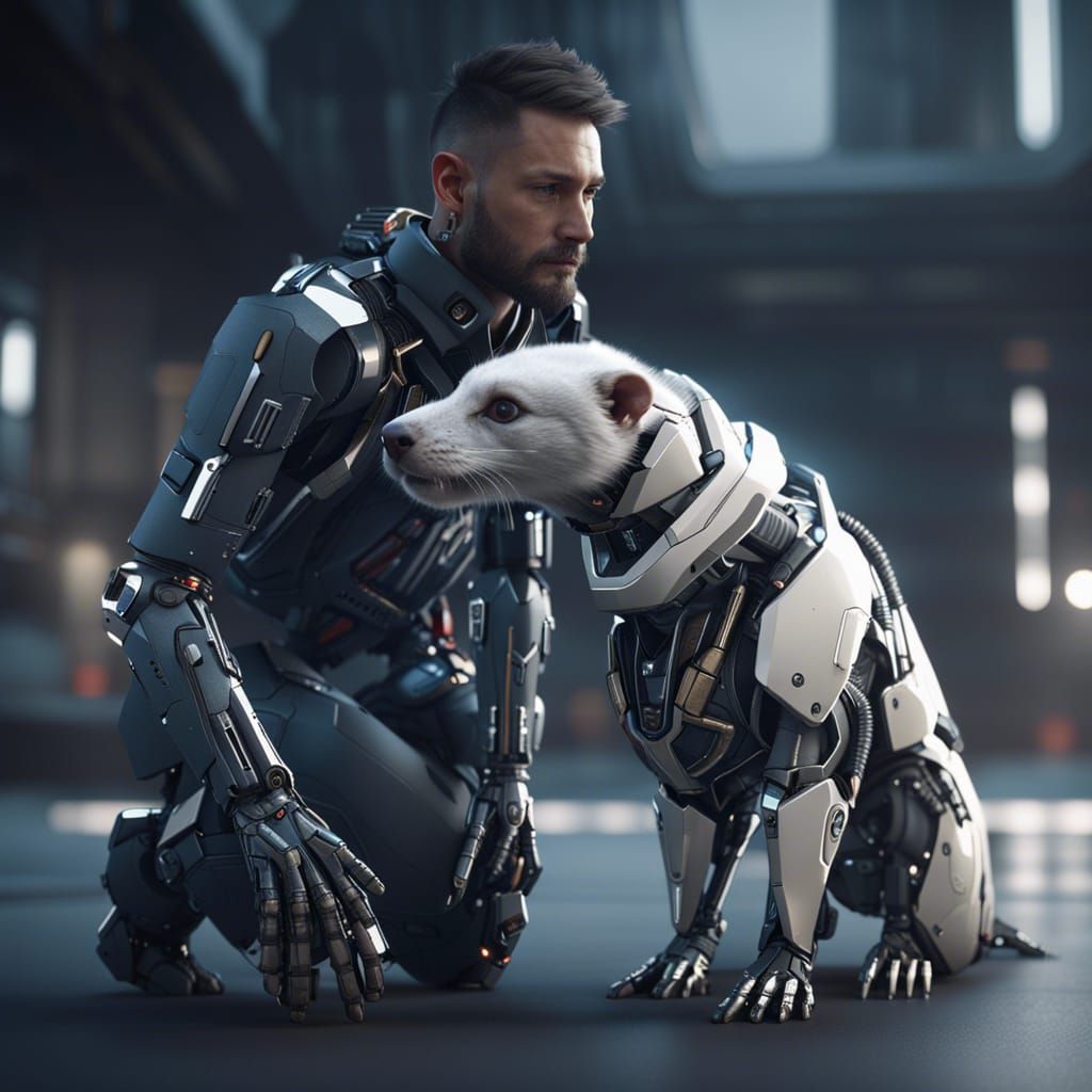 Futuristic Human with Robotic Ferret in Mecha Style
