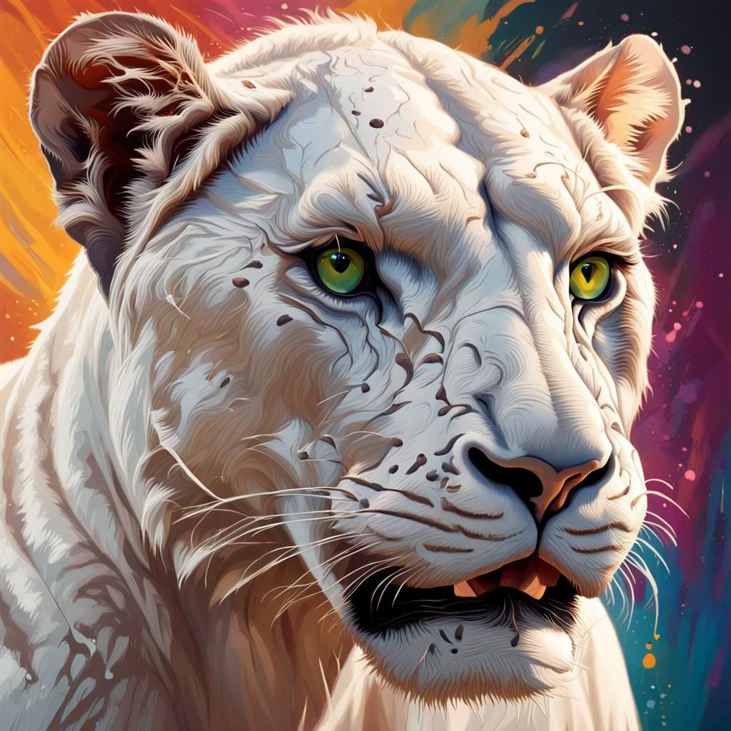 Hyperrealistic White Lioness Splash Art Portrait