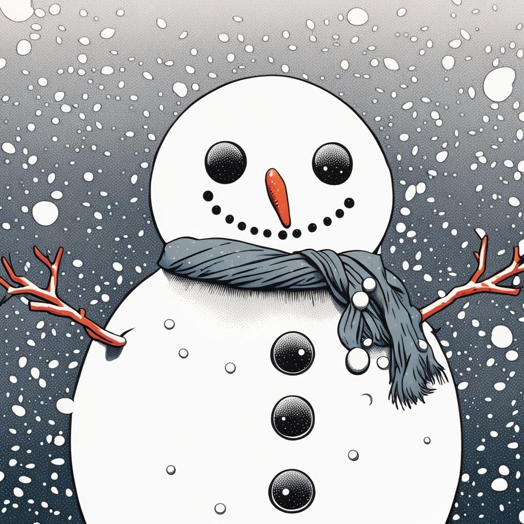 Snowman Survives Blizzard in Comic Art Style