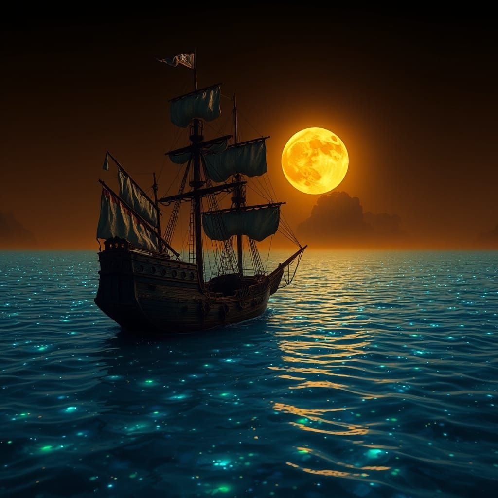 17th-Century Pirate Galleon in Bioluminescent Waters