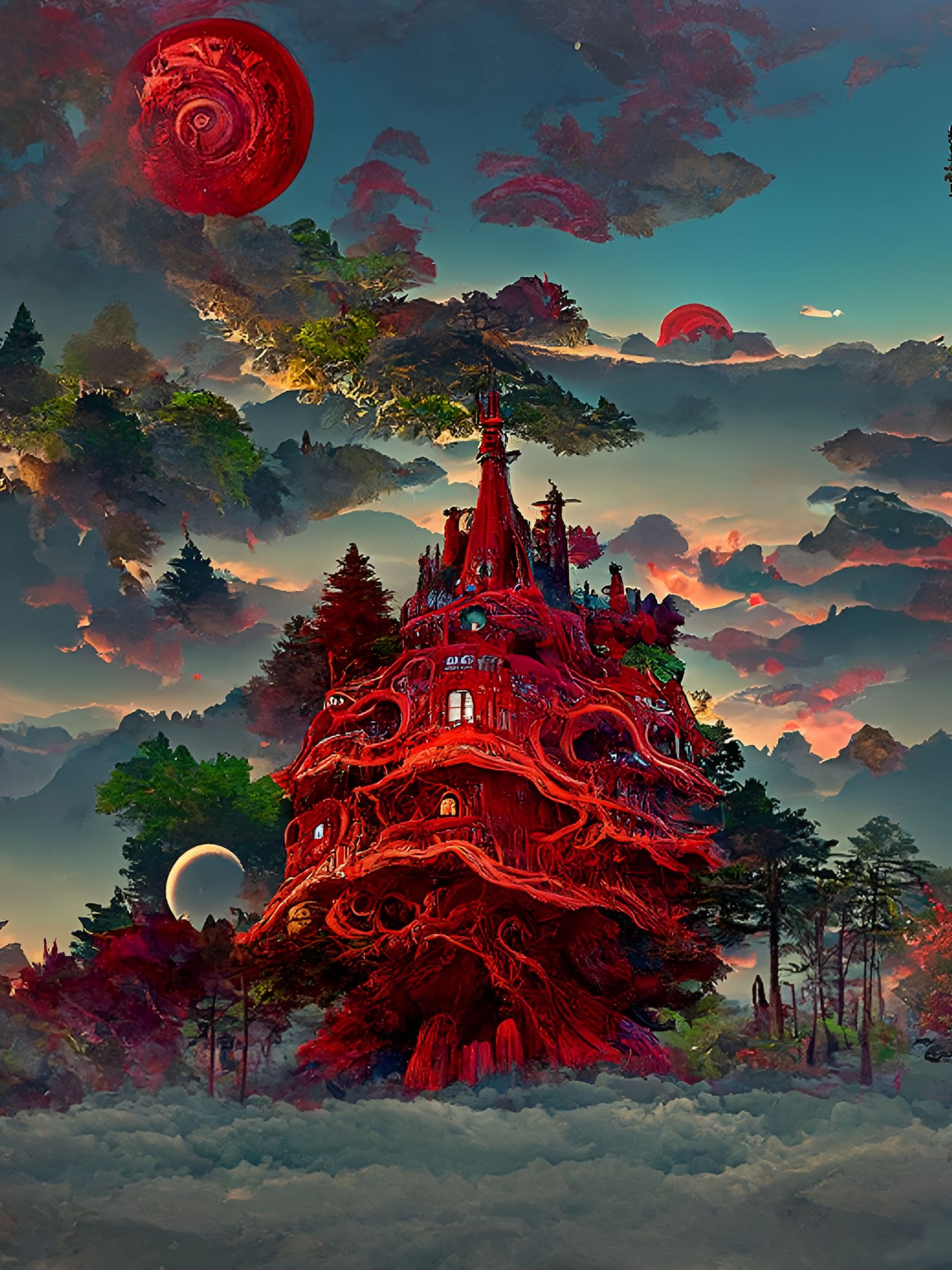 Mystical Red Castle in Fantasy Woods, Digital Art