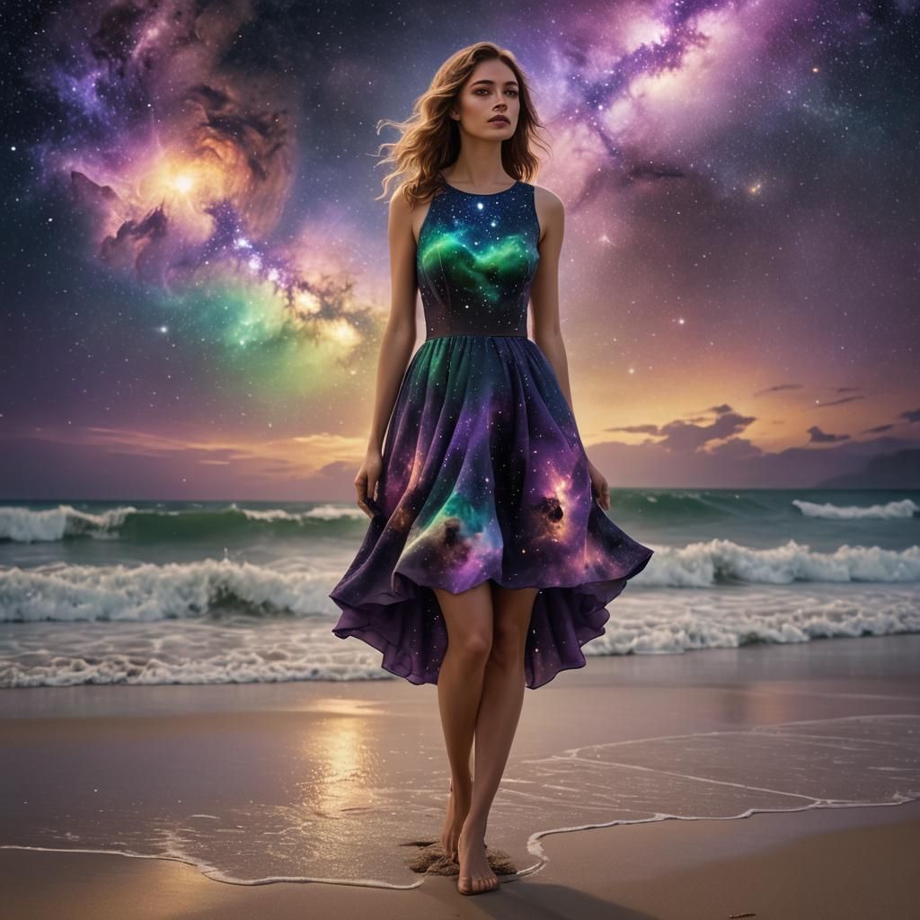 Girl in Galaxy Dress on Beach: Fantasy Art