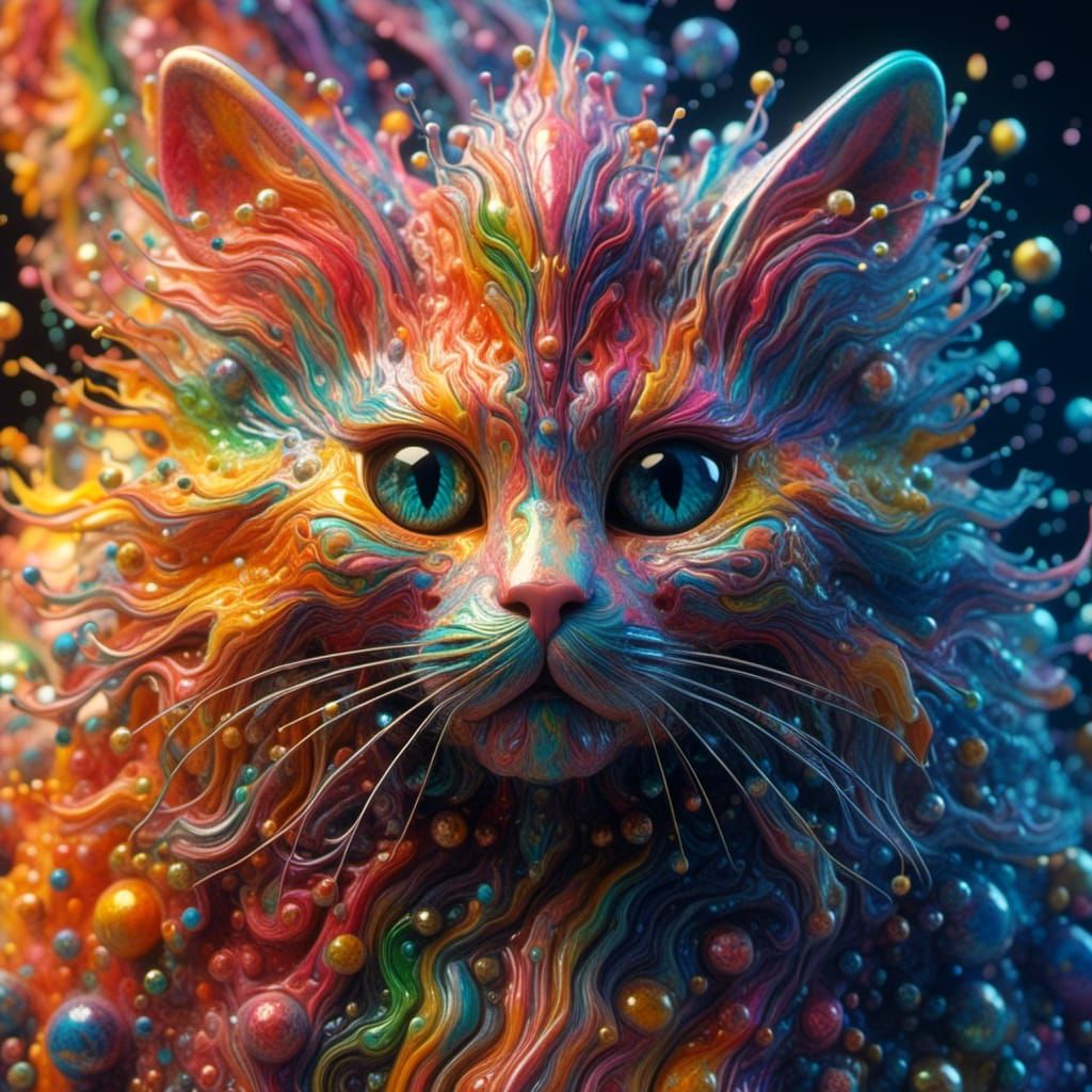 Rainbow Cat Portrait in Maximalist Digital Art Style
