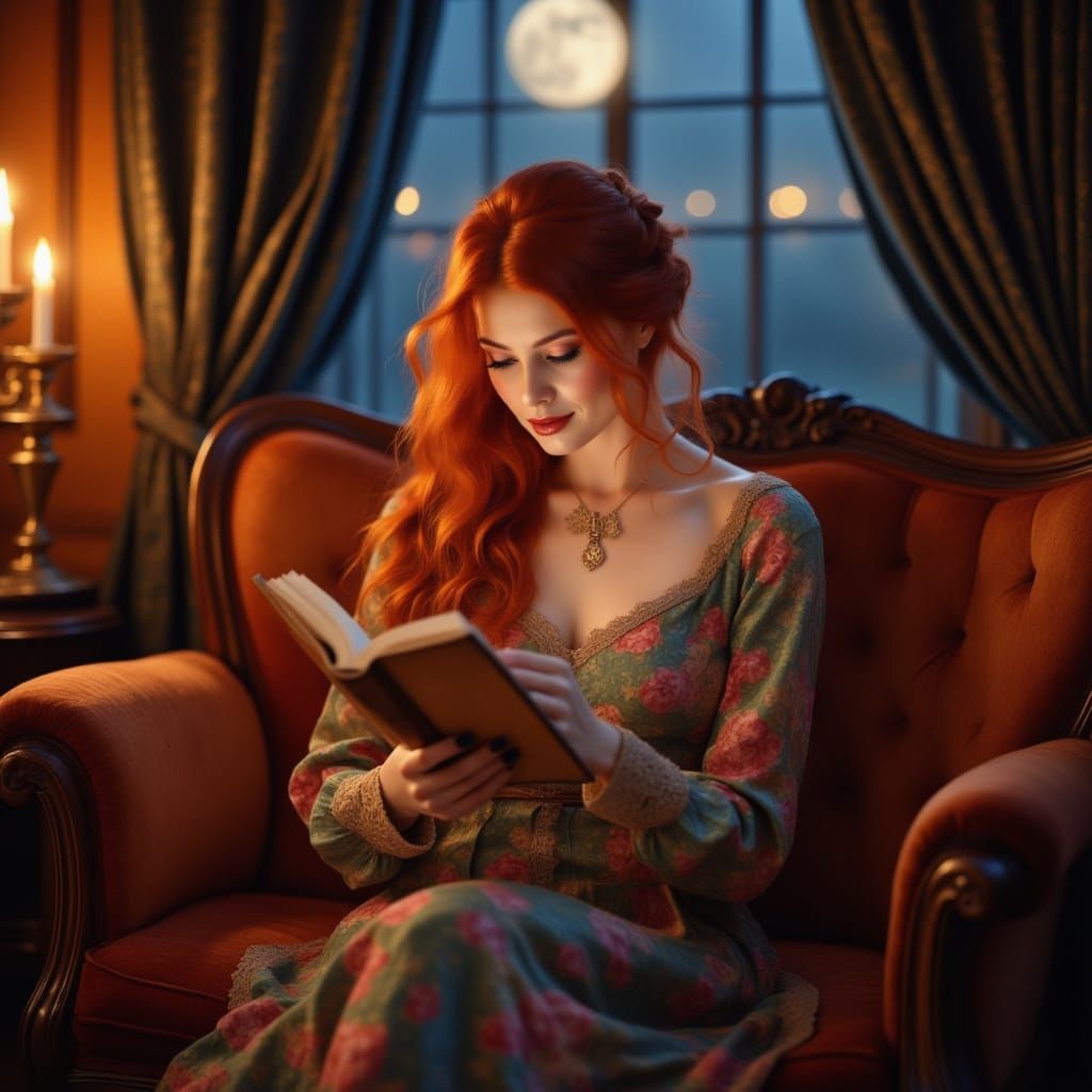 Serene Woman Reading by Candlelight in Romantic Realism Styl...