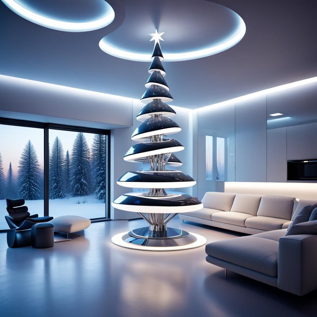 Futuristic Christmas Tree in Space-Age Living Room