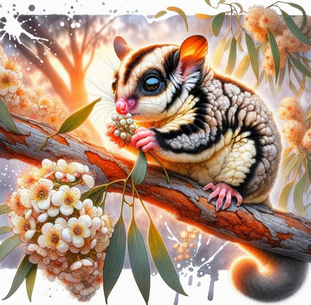 Sugar Glider Sips Nectar in Watercolor and Pencil