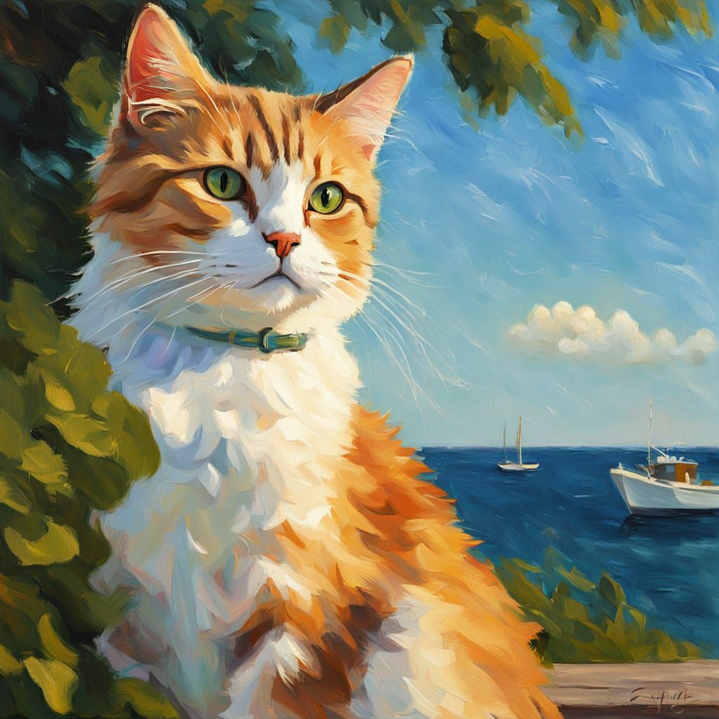 Naive Impressionist Cat Gazing at Gentle Sea