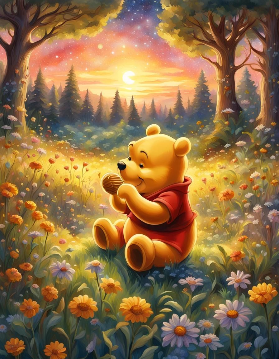 Winnie the Pooh in a Sunlit Flower Meadow