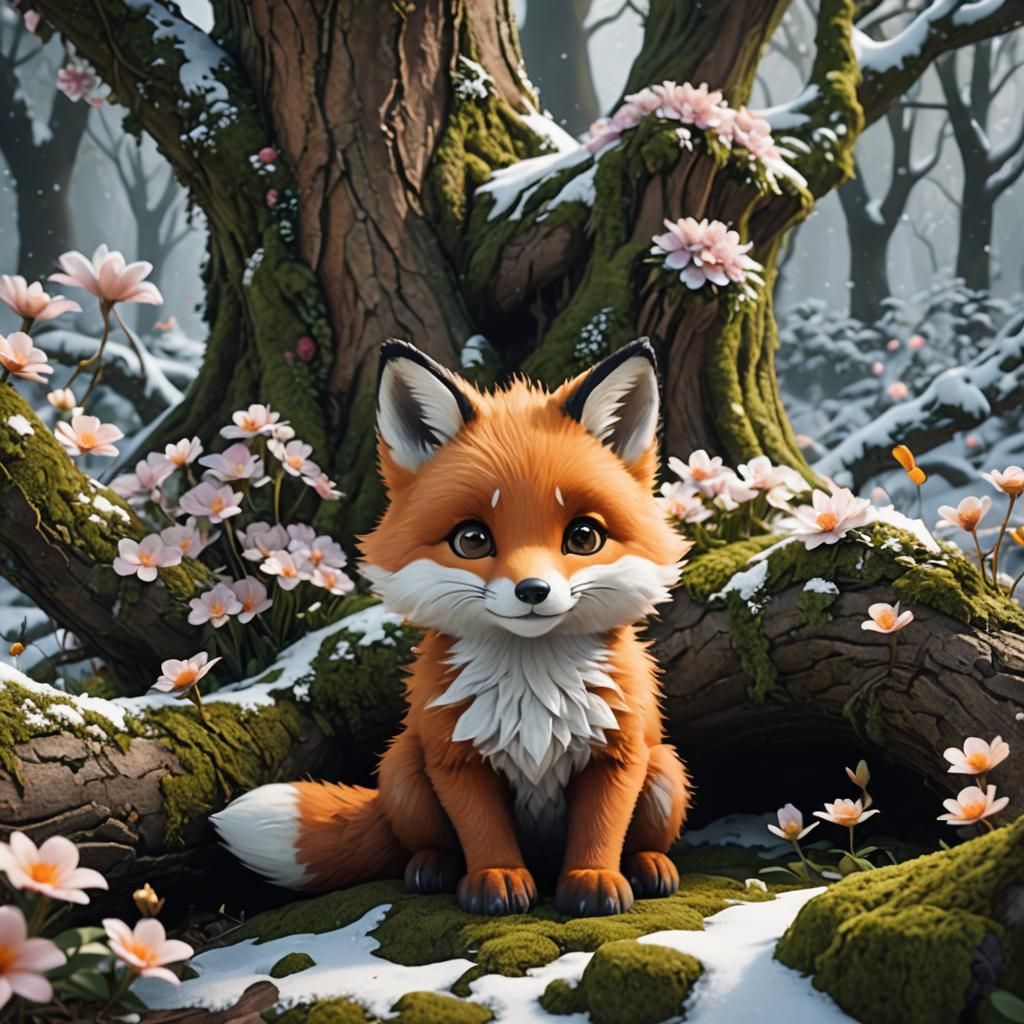 Adorable Chibi Fox Kit Under Snowy Tree