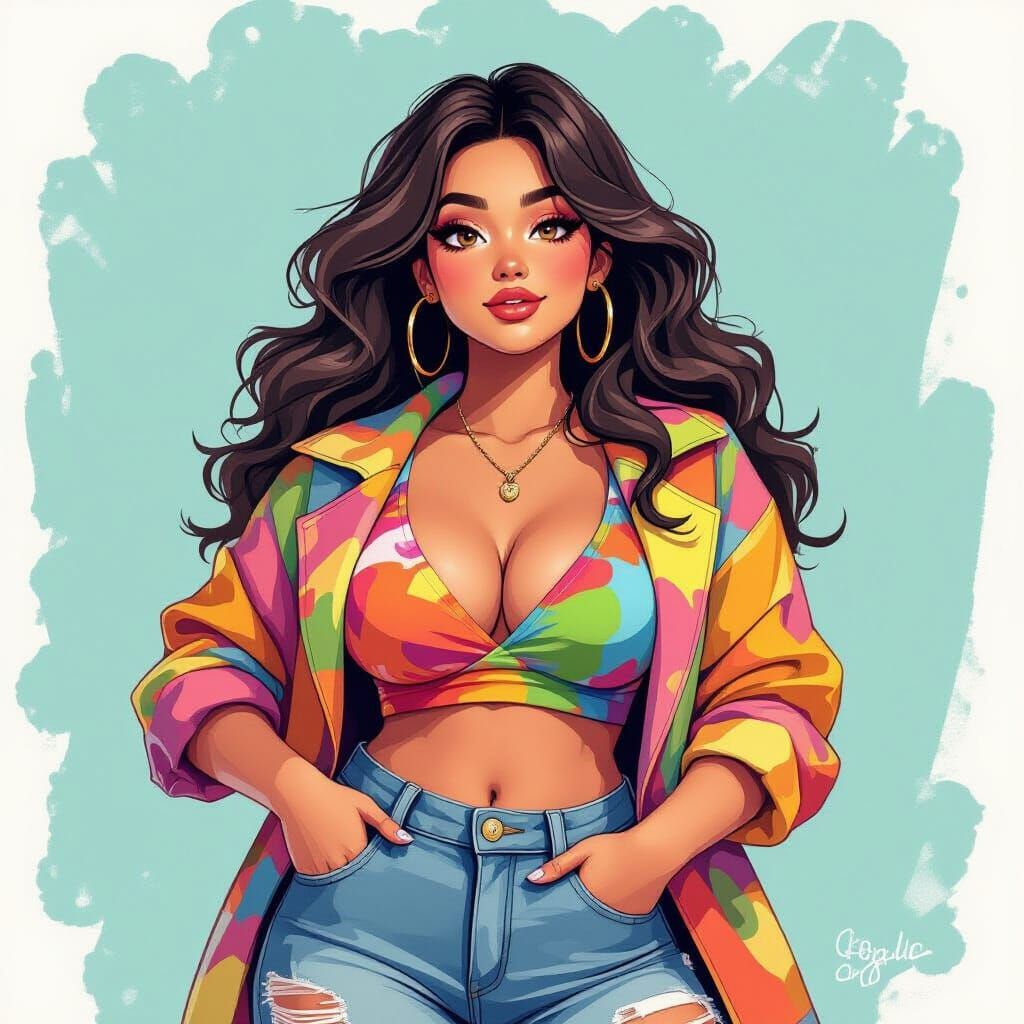 Curvy Woman in Colorful Clothing, Digital Painting Style