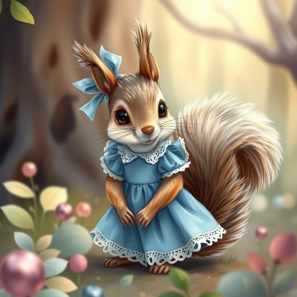 Squirrel in Blue Dress in Whimsical Forest