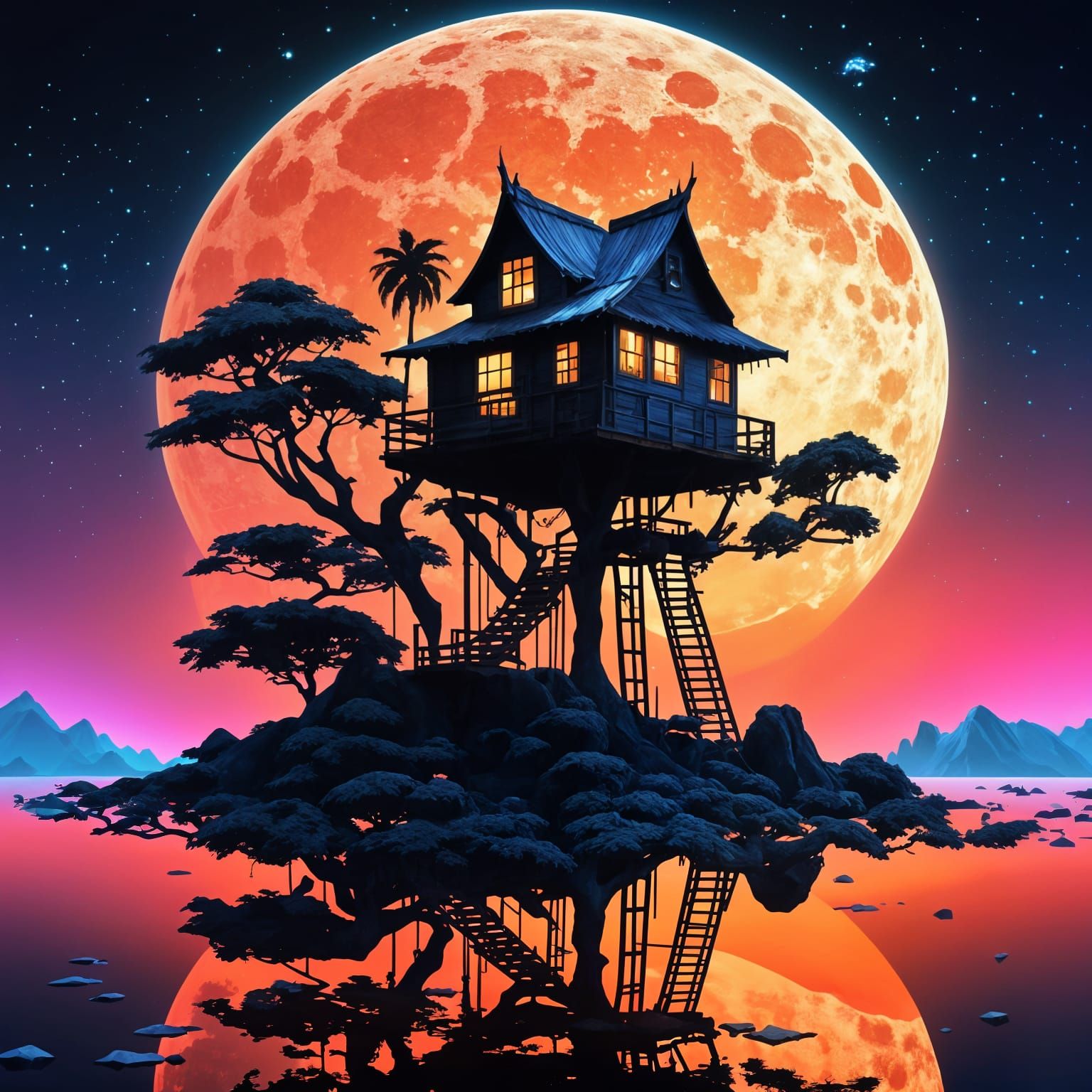 Neon Sunset Treehouse in Ukiyo-e Silhouette