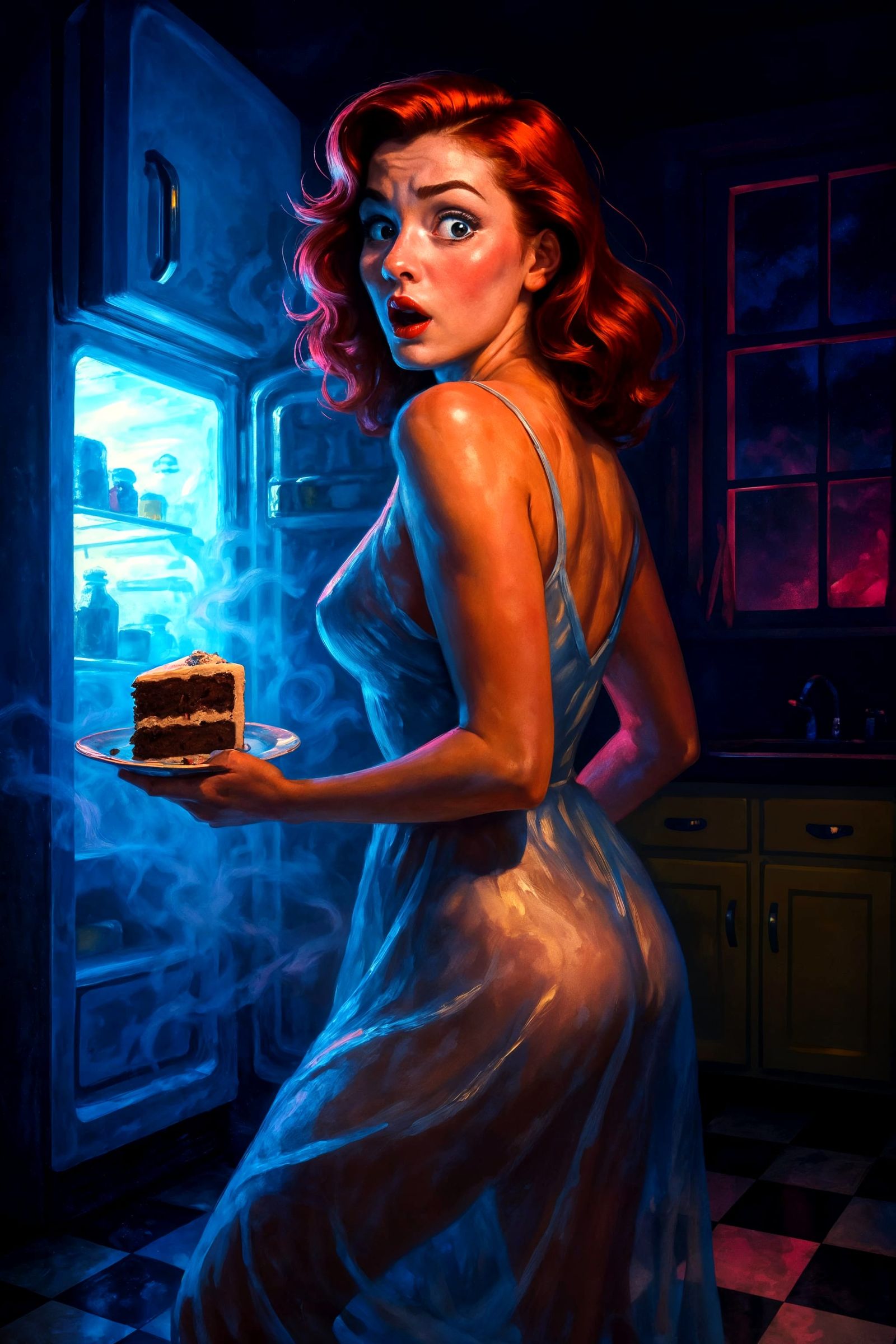 Pulp-Noir Kitchen Heist in Icy Blue Light