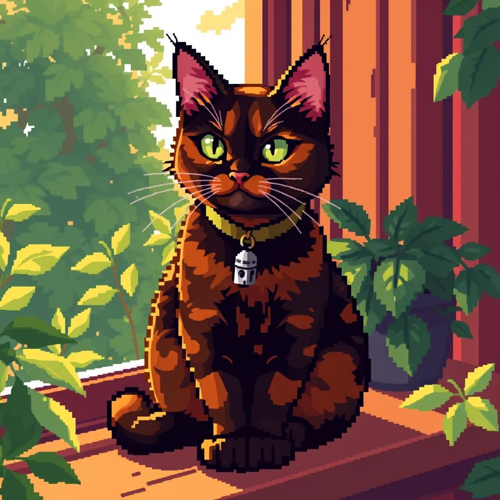 Pixel Art: Tortoiseshell Cat on Sunny Windowsill