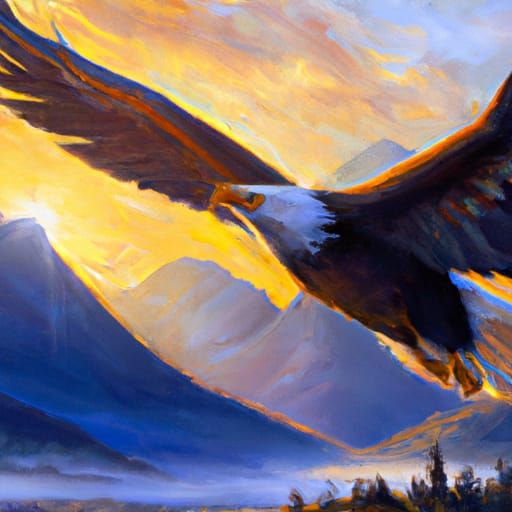 Bald Eagle Flying at Sunrise: Oil Painting