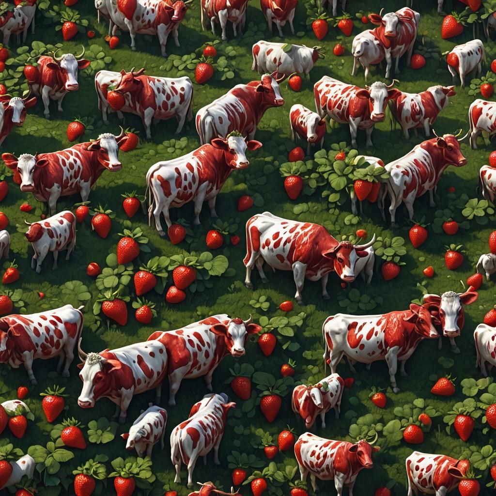 Fantastical Strawberry Cows: Detailed Digital Art