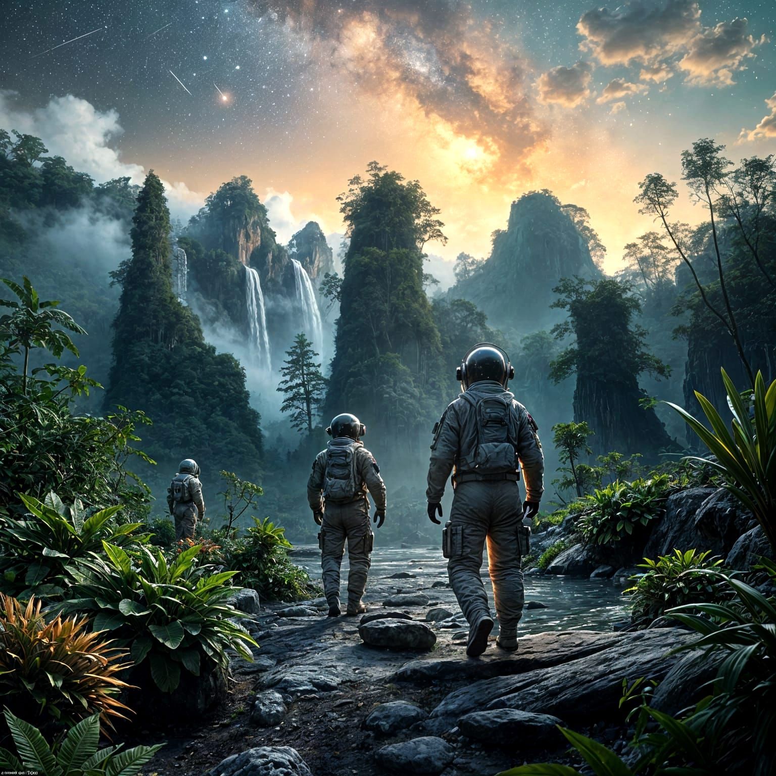 Astronauts exploring a vibrant alien jungle at twilight