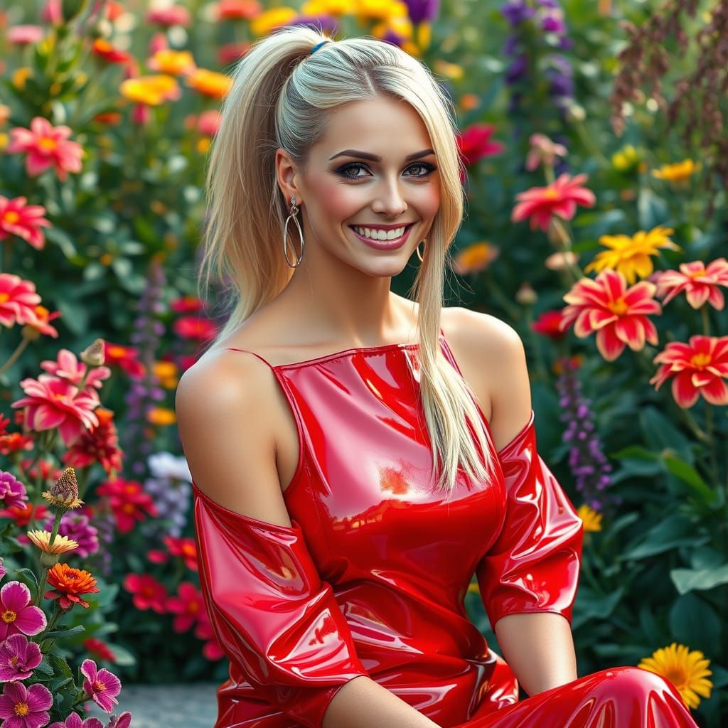 Woman in Red Dress in Lush Garden