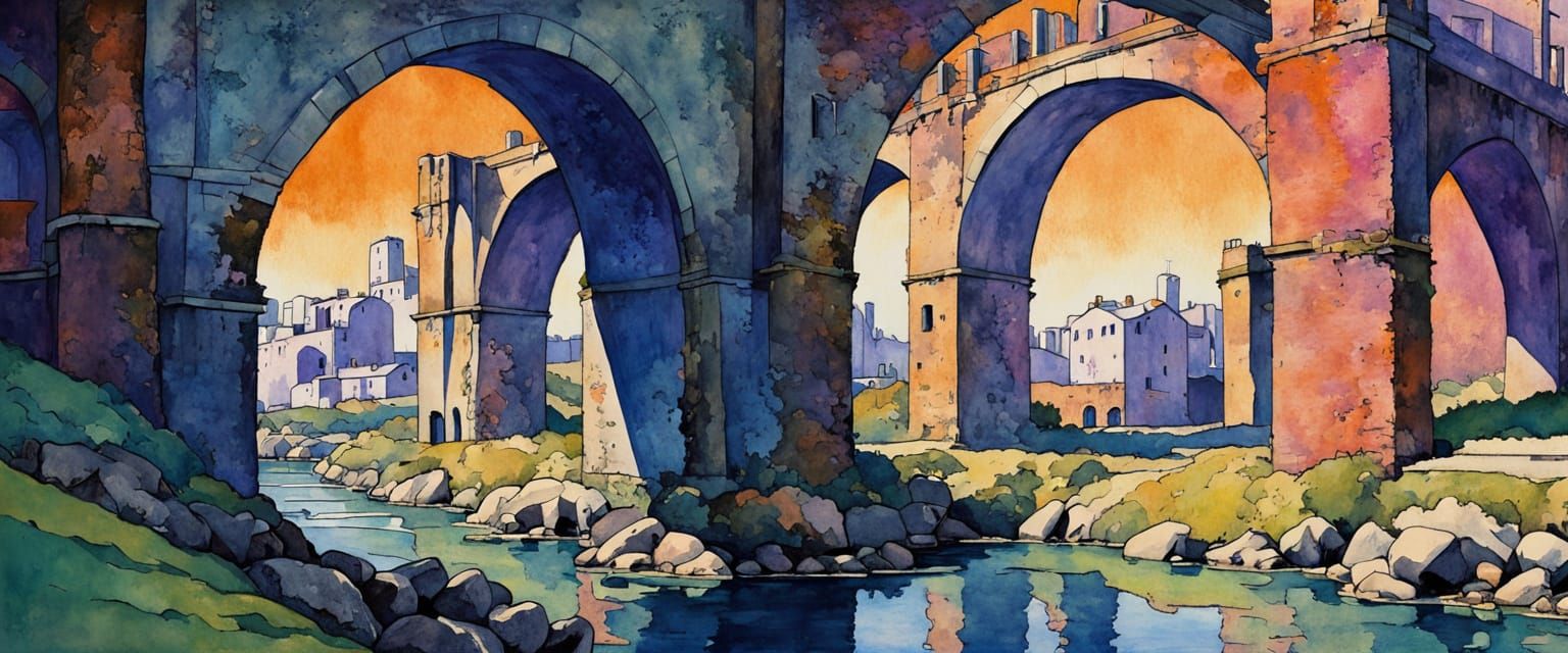 Impressionistic Wasteland Factory District Under Blue Sky