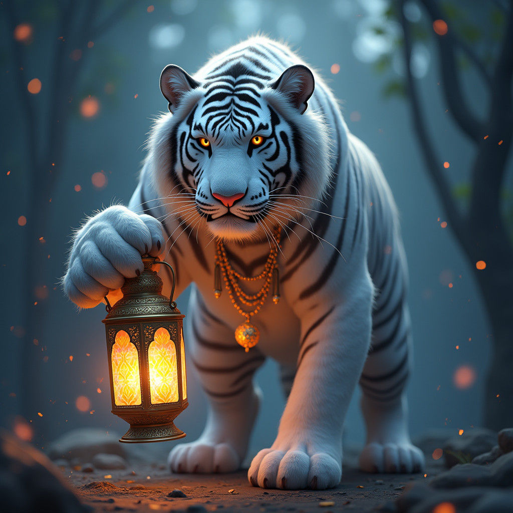 White Tiger Genie with Lantern Flame