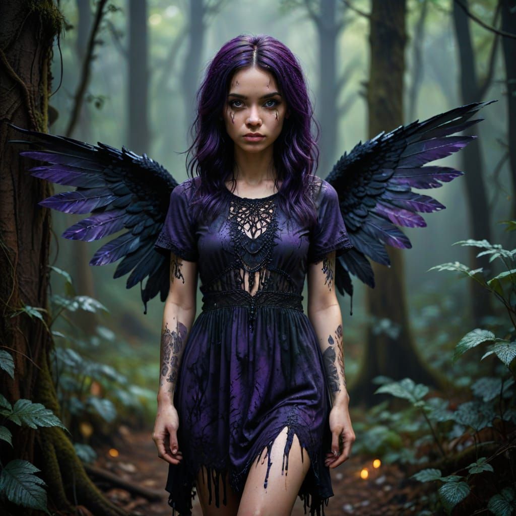 Gothic Graffiti Chibi Angel Portrait with Alcohol Ink Textur...